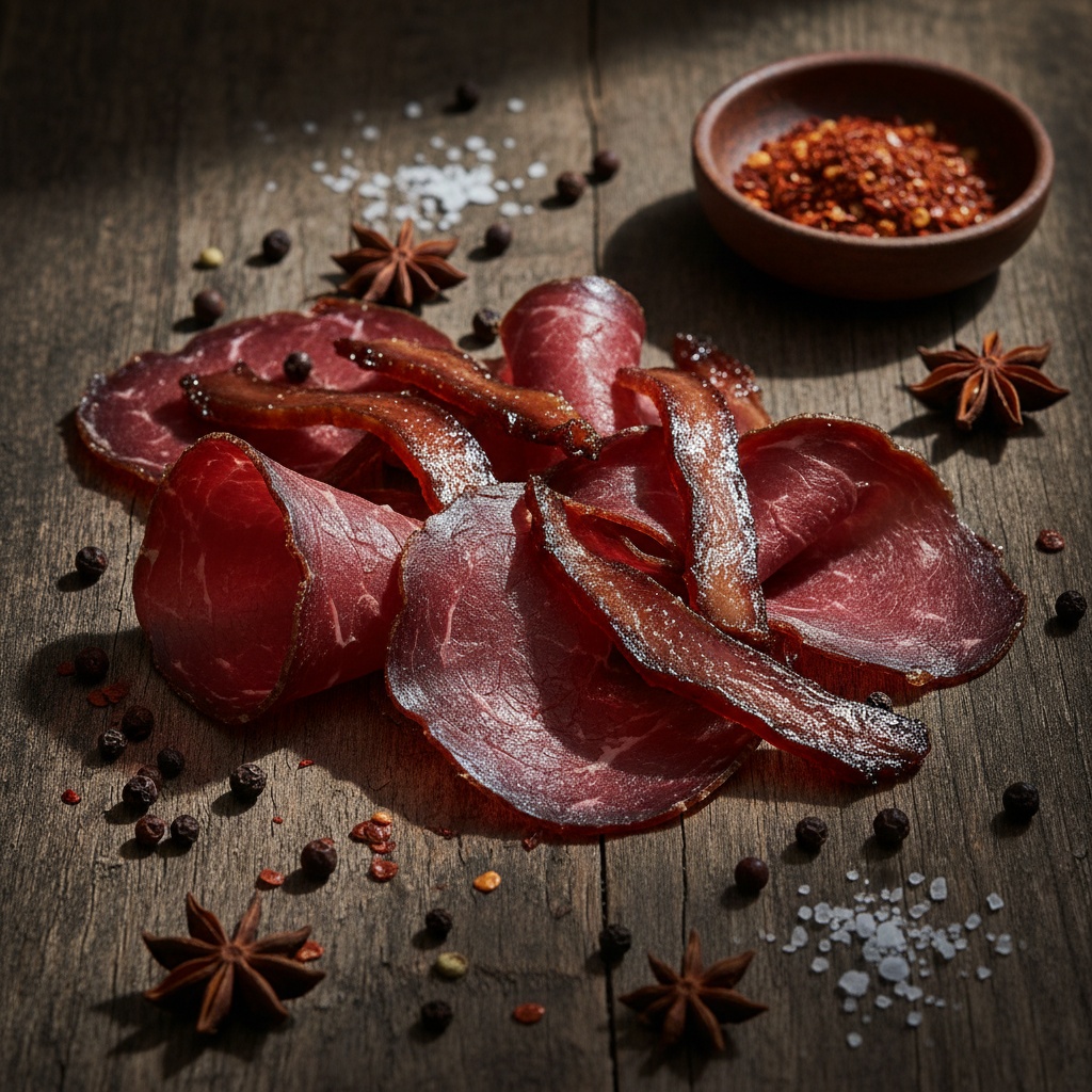 Biltong and beef jerky: two preserved meats, two very different tra… Thick slices of dark, air-dried biltong alongside strips of glazed beef jerky arranged on a rustic wooden board with…