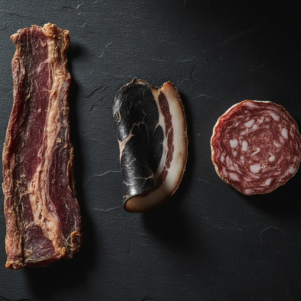 Biltong, jerky, and salami — same shelf, three completely different… Three distinct cured meat styles arranged side by side on a dark wooden board: thick-cut air-dried strips, thin smoky…
