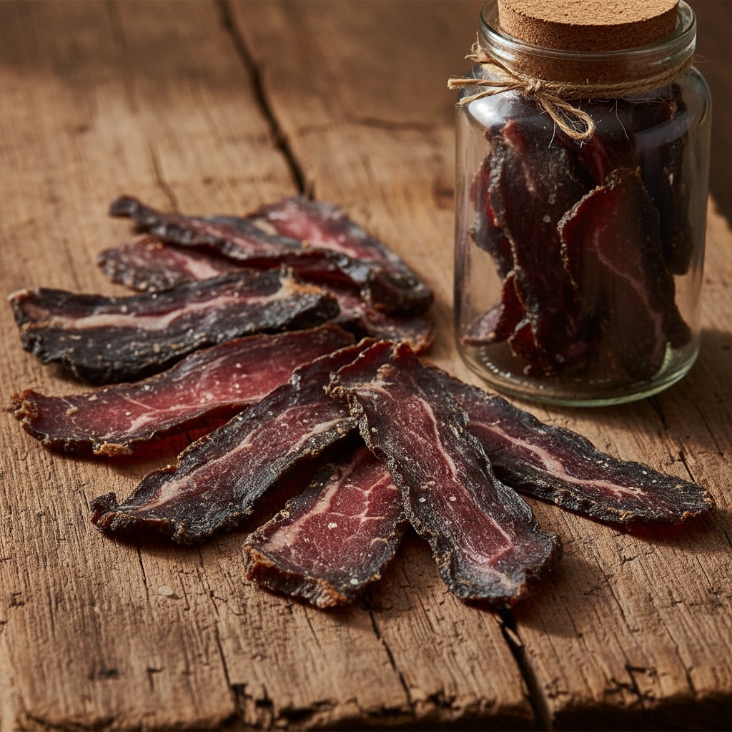 Properly stored biltong can outlast fresh beef by 25–60 times witho… Sliced biltong pieces arranged on a rustic wooden surface next to an airtight glass jar, with warm ambient light…