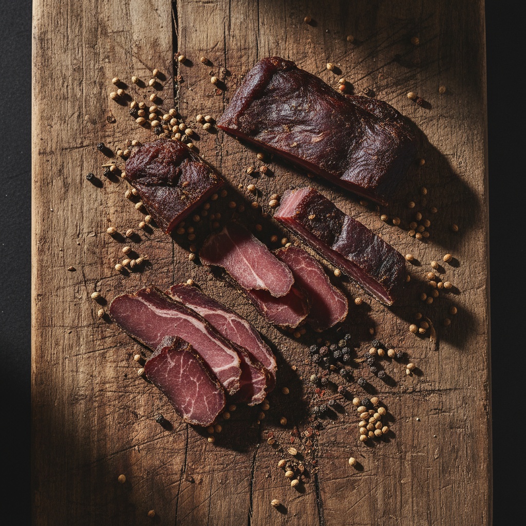Good biltong: dark surface, firm texture, clean aroma Close-up of dark mahogany biltong slabs and pre-sliced pieces arranged on a wooden board, showing the deep brown dried…