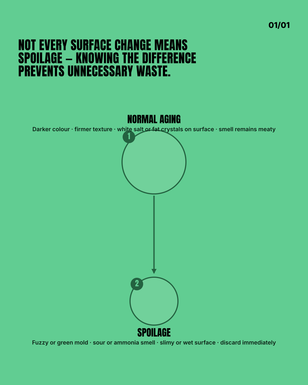 Not every surface change means spoilage — knowing the difference pr… Split diagram contrasting normal biltong aging on the left — darker colour, firmer texture, white salt crystals — versus…