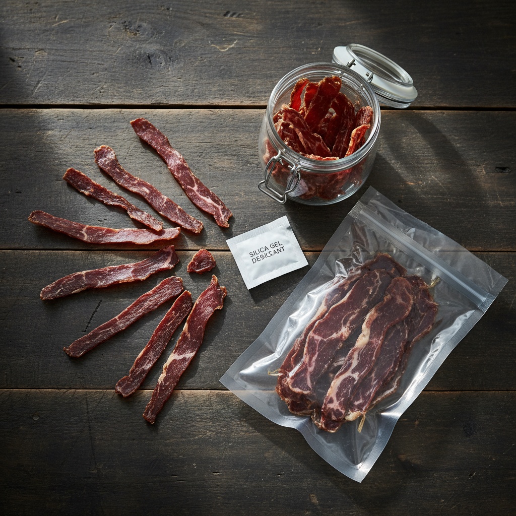 Three variables — humidity, container choice, and temperature — con… Close-up of sliced biltong arranged beside an airtight glass jar, a silica gel packet, and a vacuum-sealed bag on a dark…
