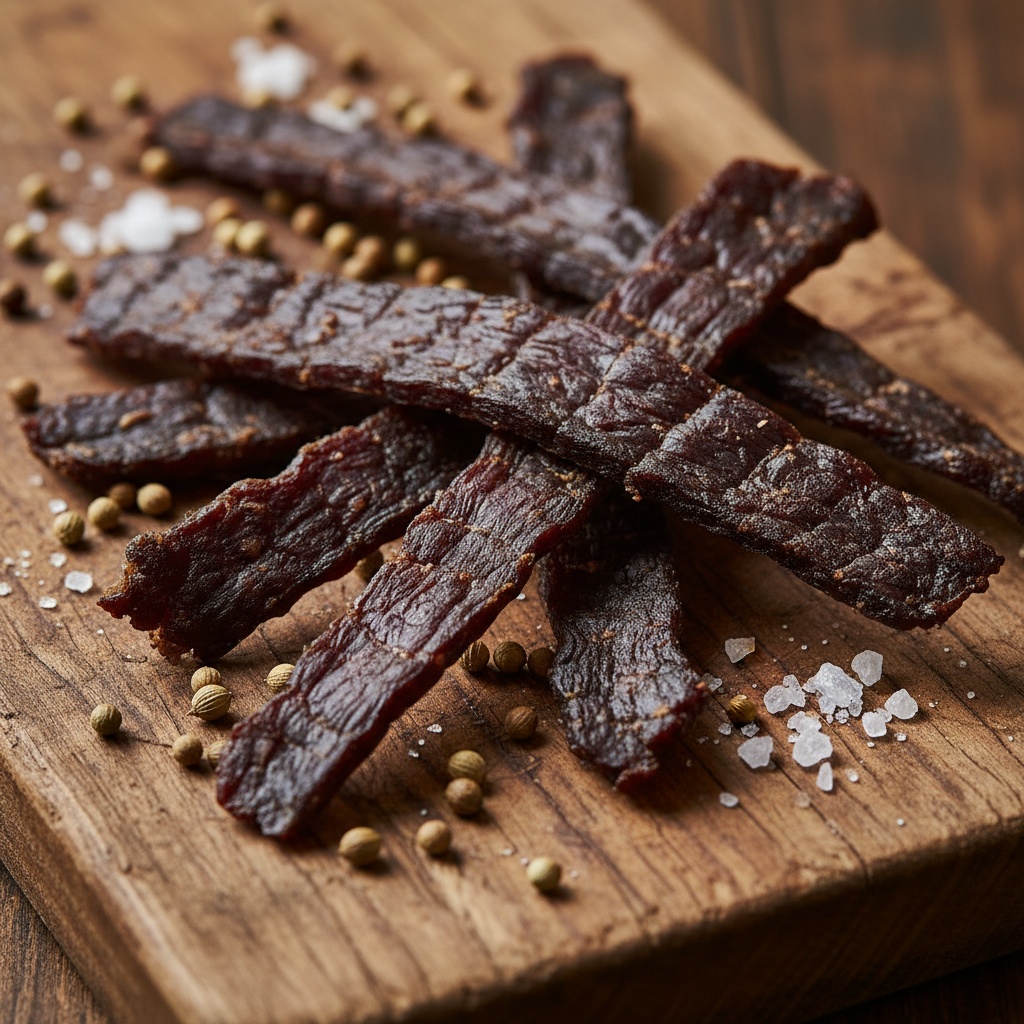 Close-up abstract scene of dark, richly textured sliced biltong strips arranged on a weathered wooden surface beside whole…