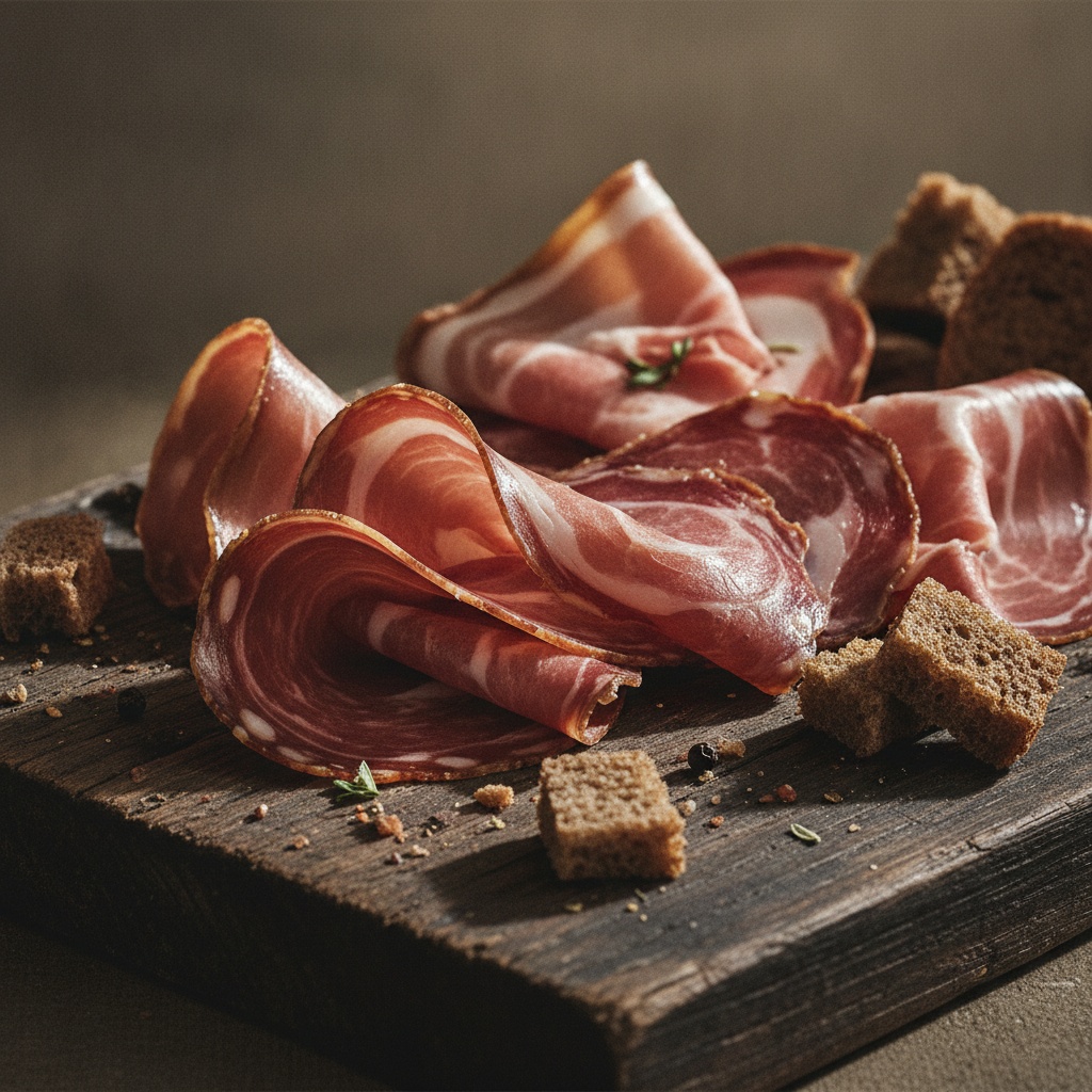 Biltong varies across three dimensions: meat, dryness, and spice Assorted slices of biltong in different shades and textures arranged on a dark wooden surface, showing variation in color…