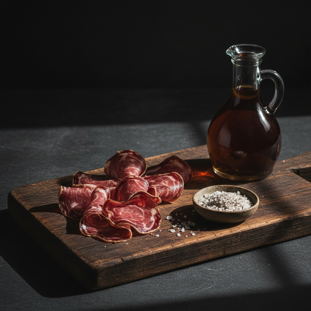 Biltong's identity is rooted in acid-cure tradition, not the heat-d… Close-up of sliced biltong pieces showing tender, moist texture alongside vinegar and coarse salt on a dark wooden surface,…