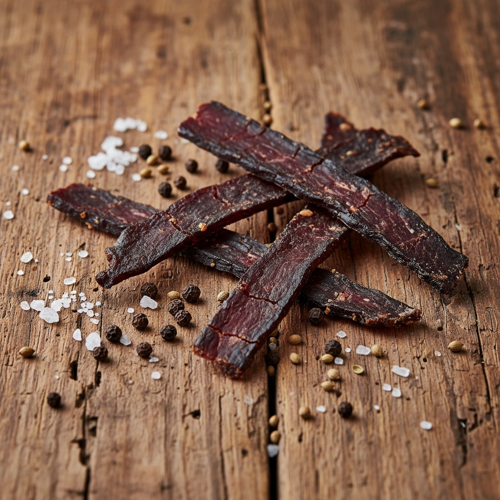 Biltong's environmental story begins long before the curing rack Abstract overhead view of dried, cured meat strips arranged on a rustic wooden surface alongside scattered salt crystals…