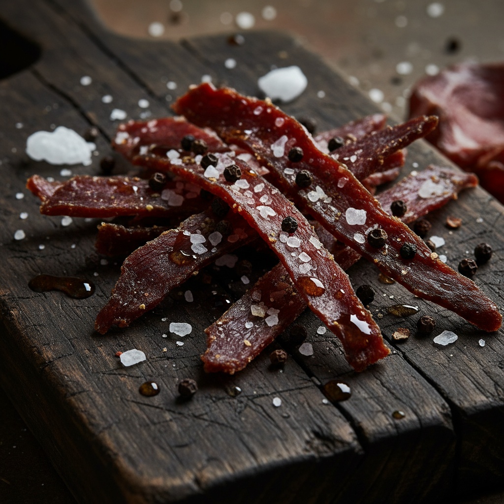 Biltong's cure-and-dry process reduces but does not eliminate patho… Close-up abstract scene of dried cured meat strips with visible salt crystals and spices on a dark wooden surface, no…